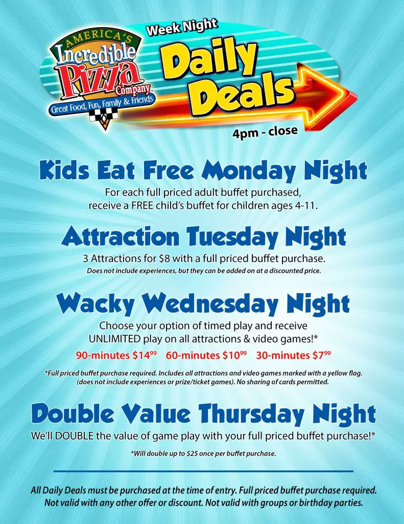 America's Incredible Pizza Company Prices Restaurant Meal Prices